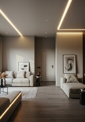 Modern Minimalist Living Room Interior Design with Beige Couches and Recessed Lighting