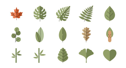 Diverse Collection of Flat Vector Leaf Illustrations