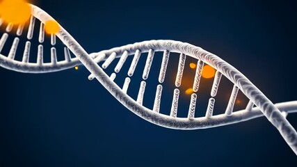 Close-up view of a DNA double helix structure with glowing particles against a dark background - Powered by Adobe