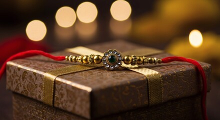 Close-Up of Traditional Rakhi Bracelet with Intricate Design on Decorative Gift Box – Festive Background Blur, Warm Lighting, High-Resolution Product Photography for Raksha Bandhan Celebration
