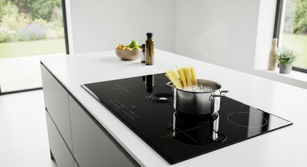 Modern kitchen induction hob with boiling pasta