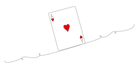 Minimalist Line Art of Ace of Hearts Playing Card with Red Heart Symbol on White Background