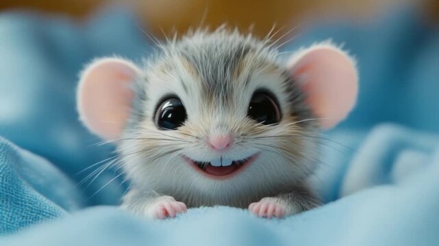 A cute, smiling mouse with fluffy fur, big eyes, and pink ears on a blue blanket