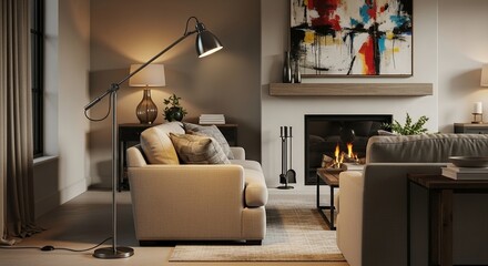 Modern Living Room Interior with Floor Lamp and Fireplace