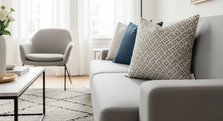 Modern Living Room Interior Design with Grey Sofa and Pillows