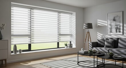 Modern living room with stylish zebra blinds and sunlight streaming through the window