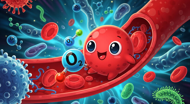 Cheerful red blood cell journeys through artery, carrying oxygen past bacteria and viruses.