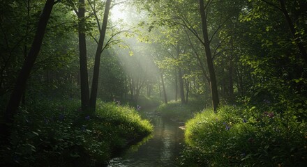 Sunlit Forest Path with Stream and Lush Greenery