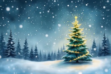 Festive Christmas tree adorned with golden lights sparkles in a snowy forest during a gentle snowfall, evoking holiday cheer