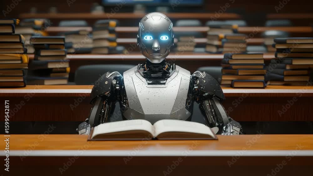 Poster robot reading in library setting with books and focused expression