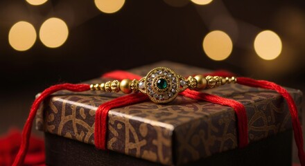 Close-Up of Traditional Rakhi Bracelet with Intricate Design on Decorative Gift Box – Festive Background Blur, Warm Lighting, High-Resolution Product Photography for Raksha Bandhan Celebration