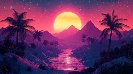 Retro synthwave landscape with palm silhouettes and a glowing sun over digital mountains