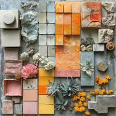 Colorful blocks and flowers on a wall.