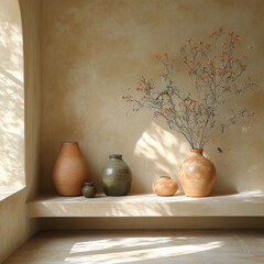 Vases on ledge.