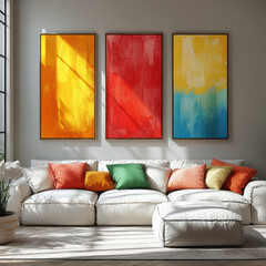 colorful paintings hanging in living room.