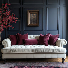 White couch with red pillows and a vase of flowers.