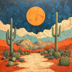 Full moon shining above cactus trees in desert painting