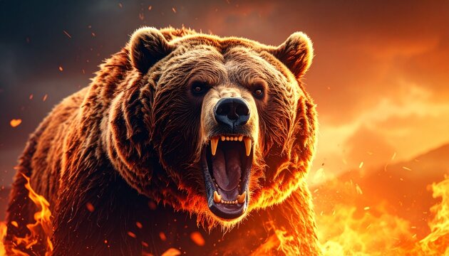 A ferocious grizzly bear roaring fiercely in a golden-orange autumn forest, claws extended, fur bristling, captured in a dramatic and cinematic moment of wild, primal rage and power