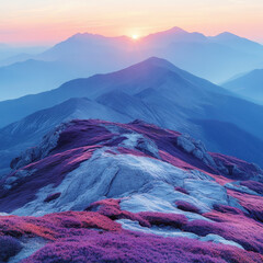 Purple flowers in foreground of majestic mountain.