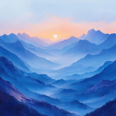 Sunset over majestic mountains in a beautiful painting.