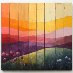 Landscape painting with flowers & mountains.