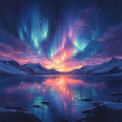 A mesmerizing sunset with colorful aurora dancing in the sky.