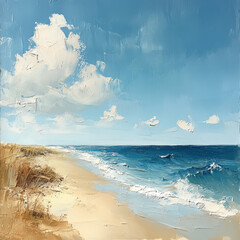 Beach scene painting with palm trees, waves, and a couple walking hand in hand on the sand.