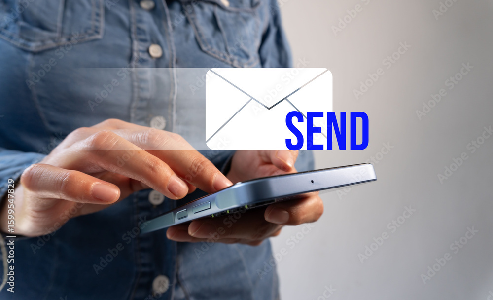 Poster concept of sending an email. close-up of a person's hand holding a smartphone and an icon of an emai