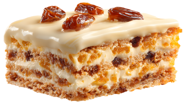 Delicious Honey Cake Slice with Creamy Topping and Dates on Transparent Background Dessert Delight