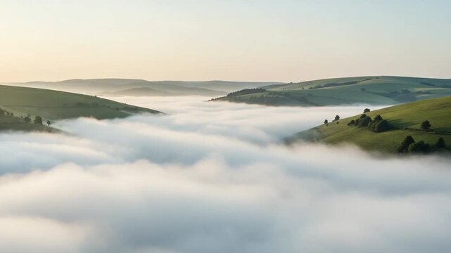 Serene misty landscape over rolling green hills at dawn