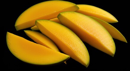 Ripe Yellow Mango Slices on Black Background