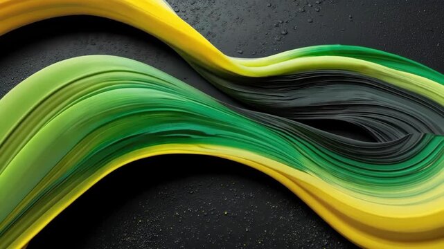Colorful paper art design with black background featuring yellow, green and gray paper waves.