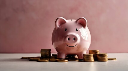 A pink piggy bank with coins scattered