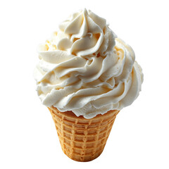 Delicious creamy vanilla soft serve ice cream cone with caramel swirls isolated on transparent background