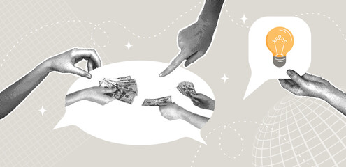 Trendy halftone collage. Ideas for financing and remuneration. The concept of monetary compensation, remuneration for professional activities, incentive for employment, job offer.