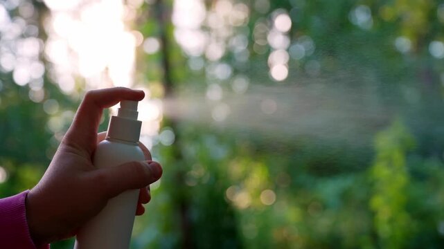 Person spraying insect repellent at her hand outdoors during summer. Trying to kill mosquitoes and flies. Clearly visible spray droplets. Prevention disinfection against mosquito bite during sunny day