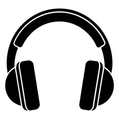 A black and white silhouette of modern headphones symbolizing audio and music