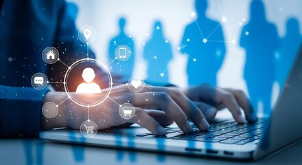 Naklejka premium Person Using Laptop with Digital Network and Silhouetted People in Background