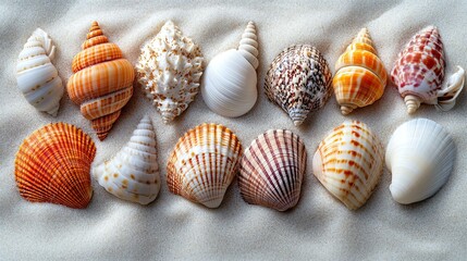 Seashells arranged on clean white sand flatlay, beach vacation concept for summer, travel or minimalist ocean themes