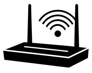 A black silhouette of a wireless router with two antennas and wifi signal waves on a