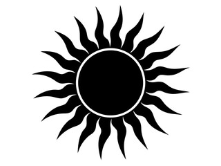 A striking black and white silhouette of a radiant sun with pointed rays against a