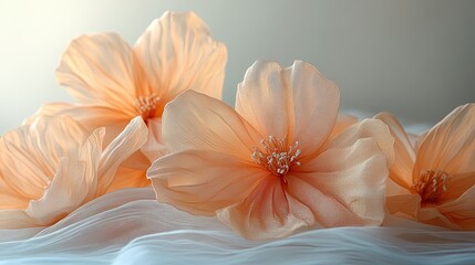 Fototapeta premium Sheer fabric flower arrangement on soft surface, delicate floral art display with translucent textile materials