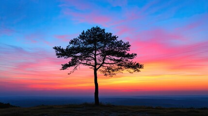 Silhouette of pine tree against colorful sunset sky, peaceful natural landscape with evening light and shadow