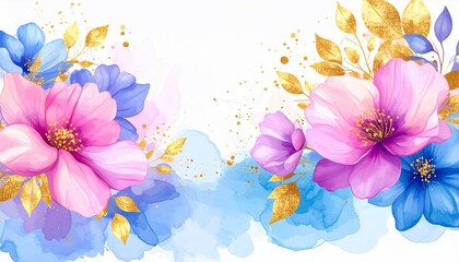 Elegant Watercolor Floral Design: Pink, Blue, and Gold