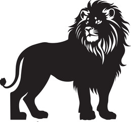 Fototapeta premium A black and white silhouette of a lion standing on a white background.