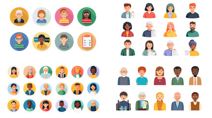 Collection of diverse avatar illustrations featuring men and women of various ages, ethnicities, and professions. Flat style user profile icons for web and apps.

