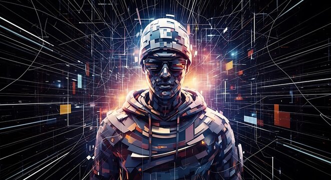 Cybernetic Soldier Futuristic Warrior Illuminated Digital Matrix Grid Background Abstract Technology