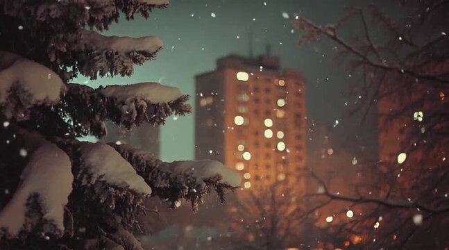 Snowy Night: Soft Flakes and City Lights Amidst Winter