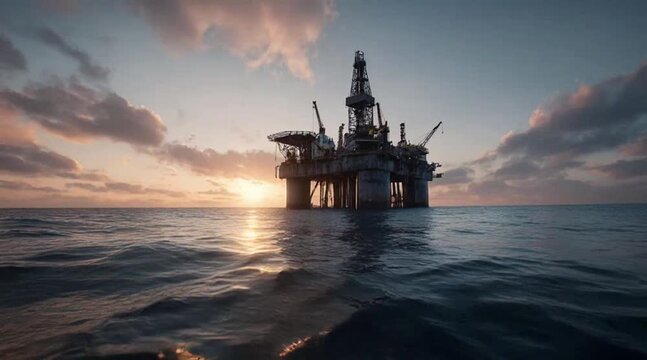 Offshore Oil Rig Stands Tall Amid Glowing Ocean Sunset Sky