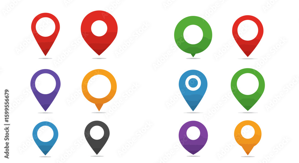 Poster diverse location pin icon set offering customizable pointers for map interface design